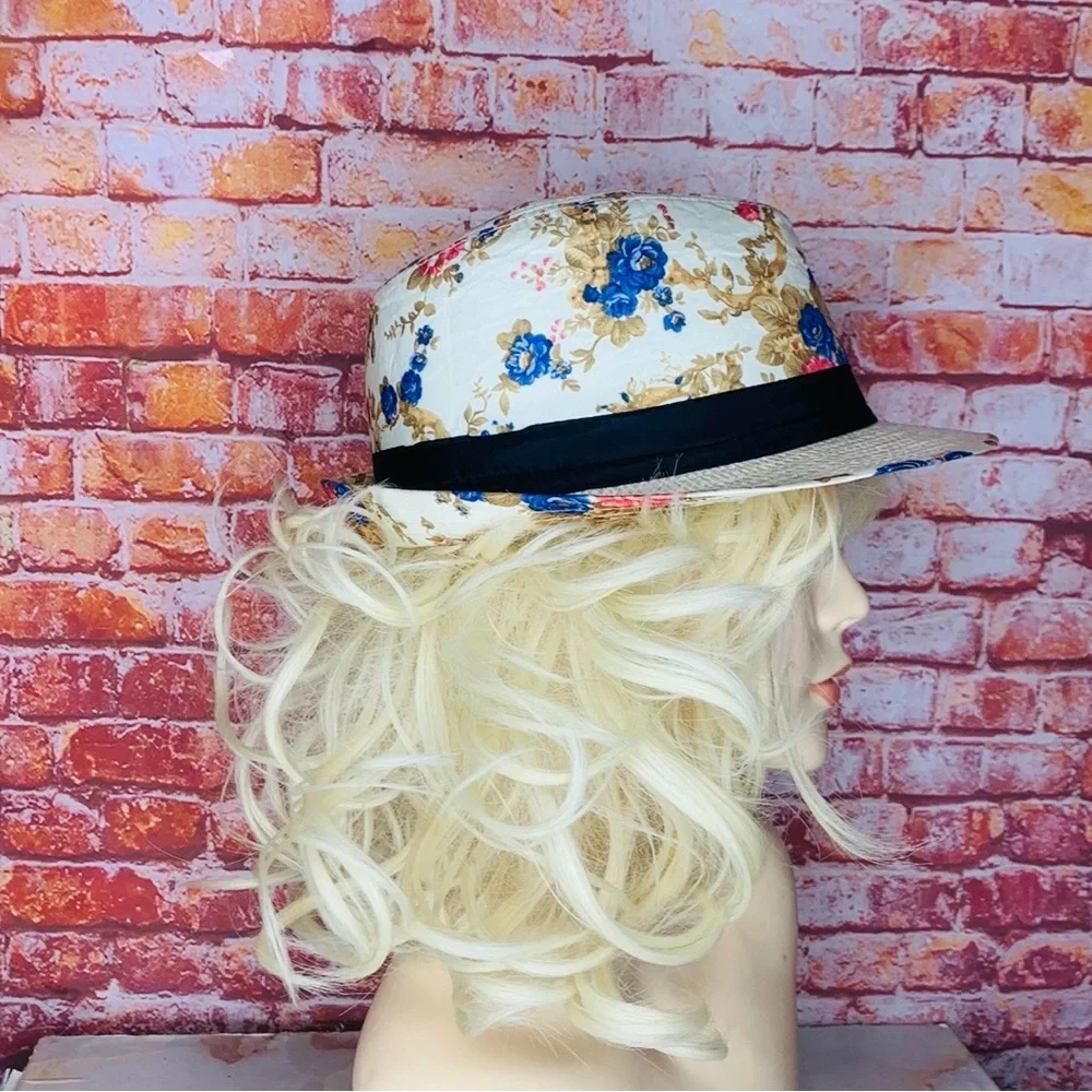Cream Floral Retro Straw Brim Fedora Hat
